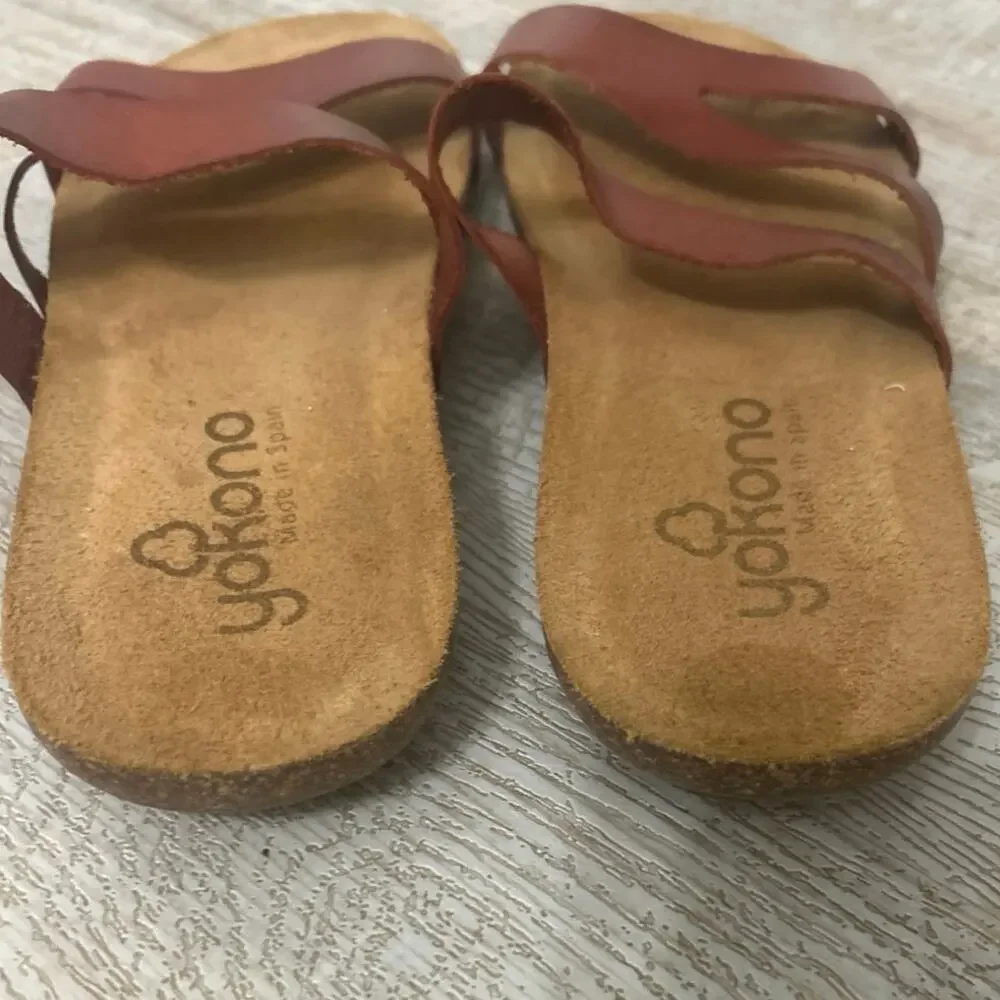 Yokono Spain Leather Cork Footbed Slide Sandals Cognac Boho Size 8 Mediterranean